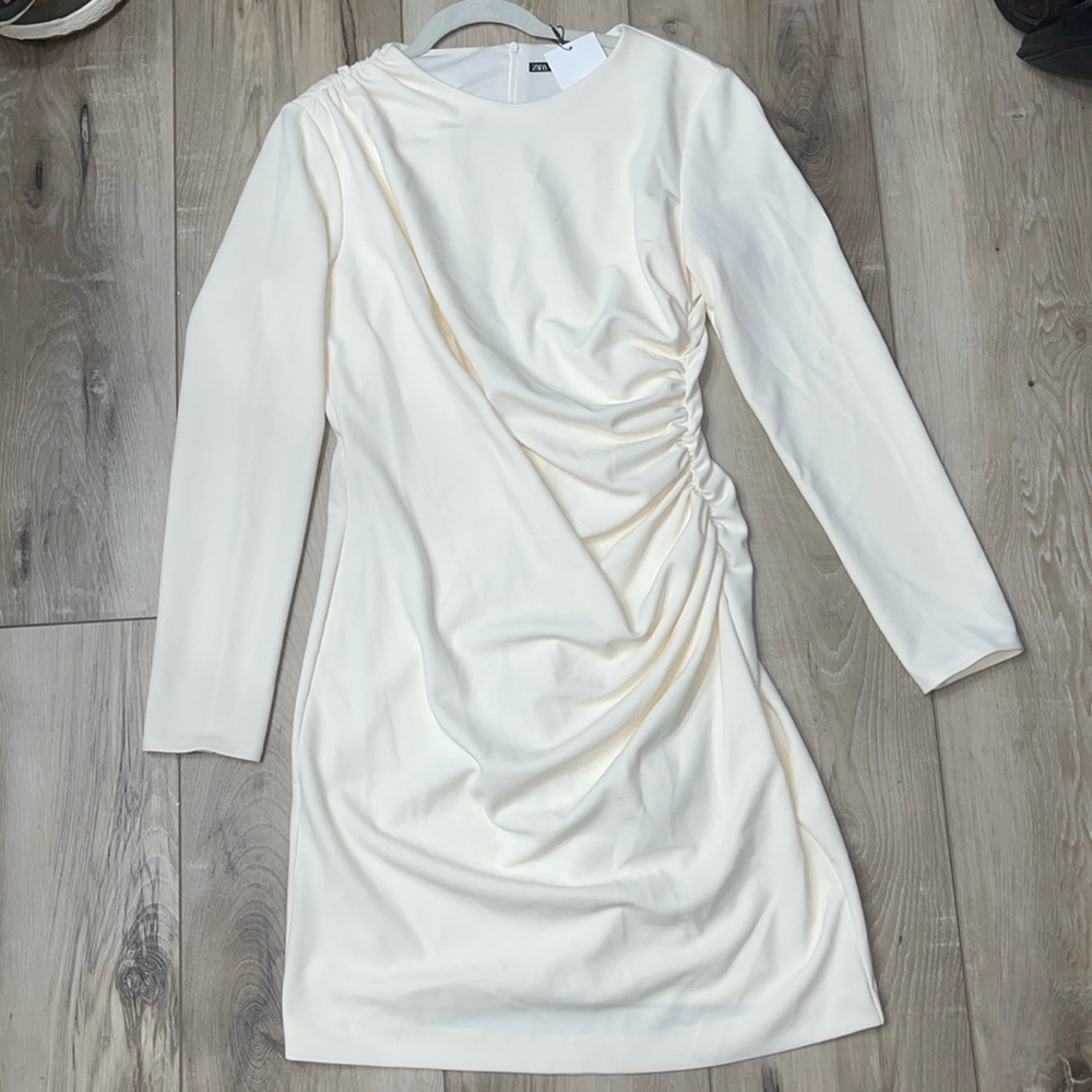 Zara Womens Ruched Long Sleeve Crepe Dress Size XXL Ivory NEW